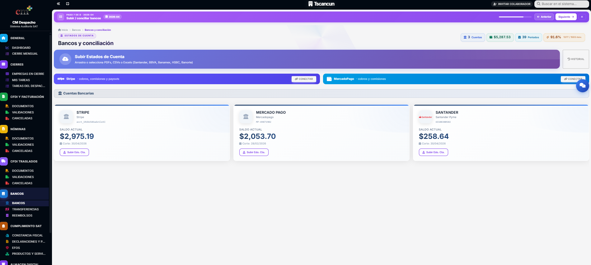 Bancos y conciliación con Stripe y MercadoPago en ContaMX